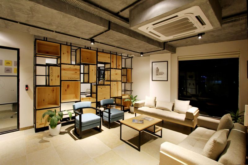 Modern living room with wall-mounted air conditioning unit